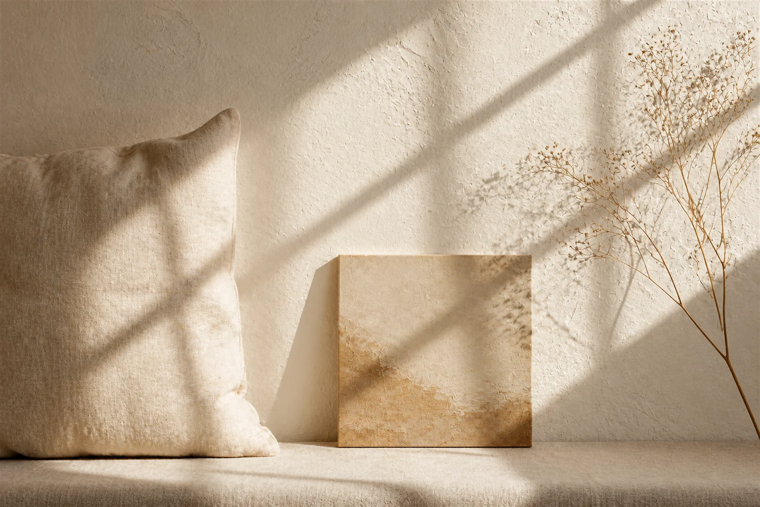Composição em tons naturais com linho, tela abstrata e ramos secos