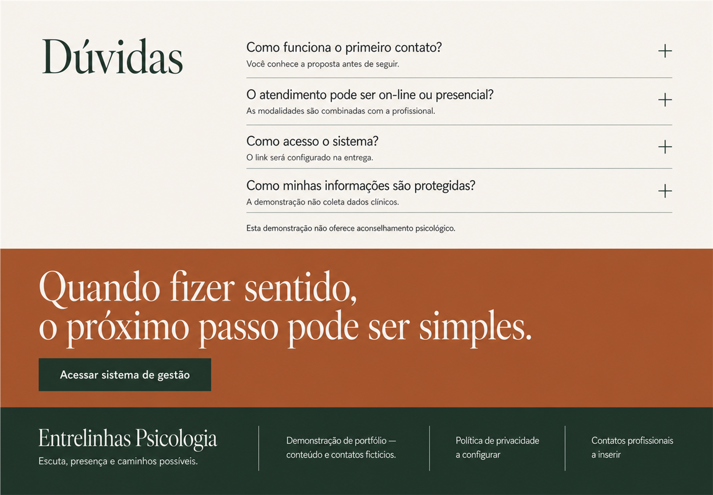Conceito das dúvidas, CTA e rodapé Entrelinhas Psicologia